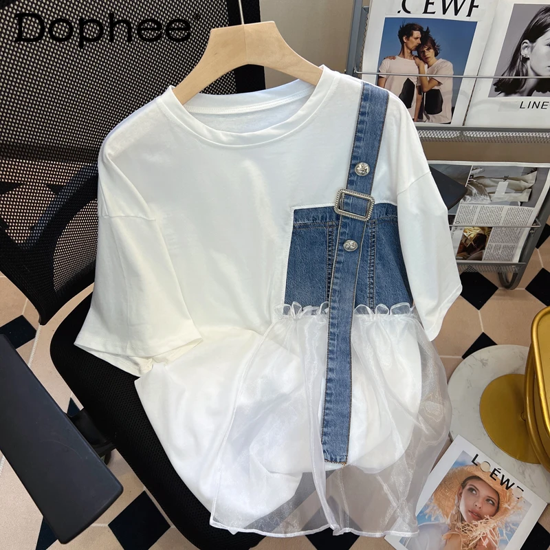 

2022 New Summer T-shirt Loose Asymmetry Stitching Denim Mesh White Tshirt Loose Oversized Round Neck Short Sleeve T Shirt Mujer