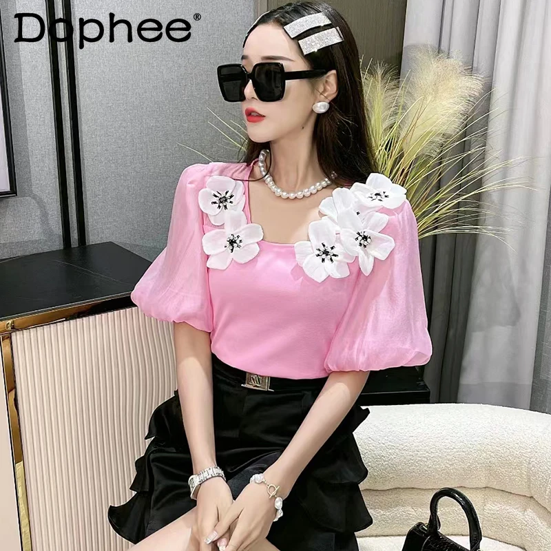 

Sweet Flowers Decorative Pink T-shirt Top 022 Summer New Puff Short Sleeve Tshirt Square Collar Fashion Lace T Shirts for Women