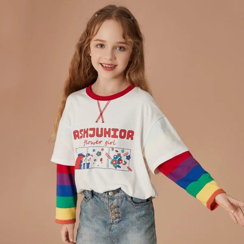 

Forest Kids 2022 Spring Tshirt Casual Child Young Clothes Long Sleeves Girl Fake Two-Piece Bottoming Shirt