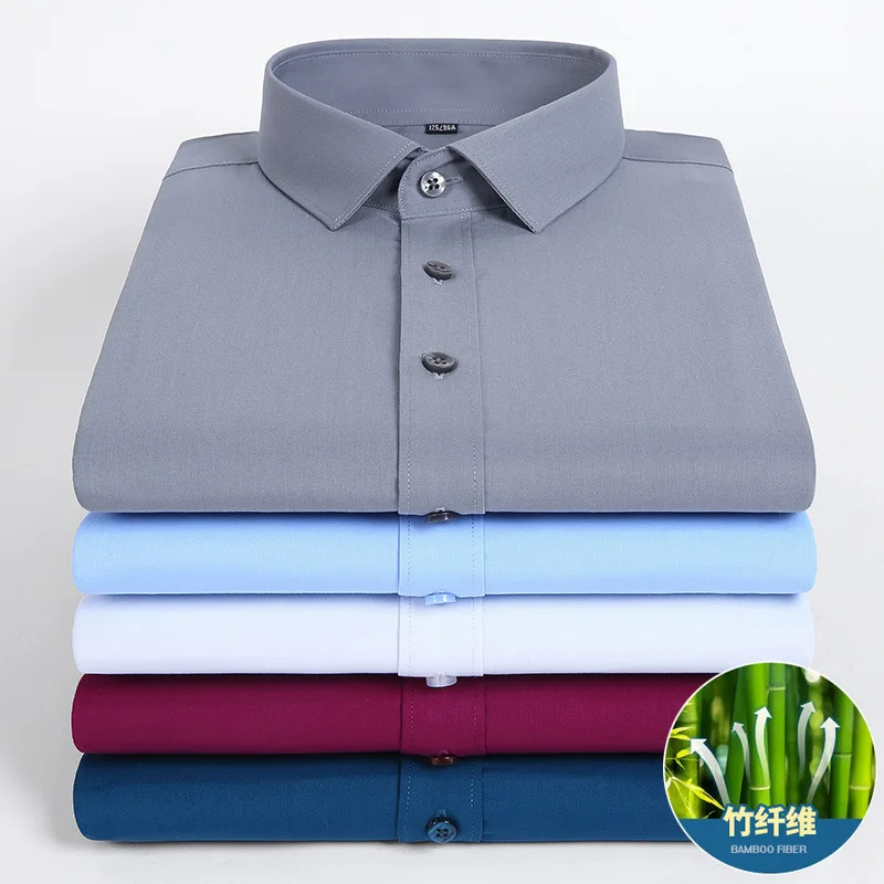 Casual Long Sleeve Shirt for Men Soft Cozy Bamboo Fiber Anti-Wrinkle No-Ironing Solid Color Business Male Social Formal Shirts