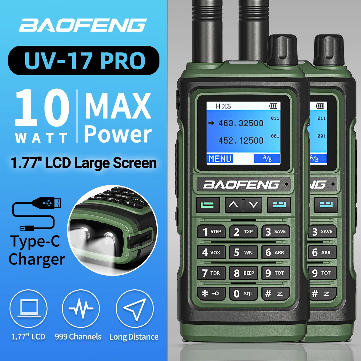 2Pcs Baofeng UV-17 Pro 10W Walkie Talkie Type-C 16 KM Long Range Radio Ham Radio Comunicador UV 5r Upgrade Two Way Radio