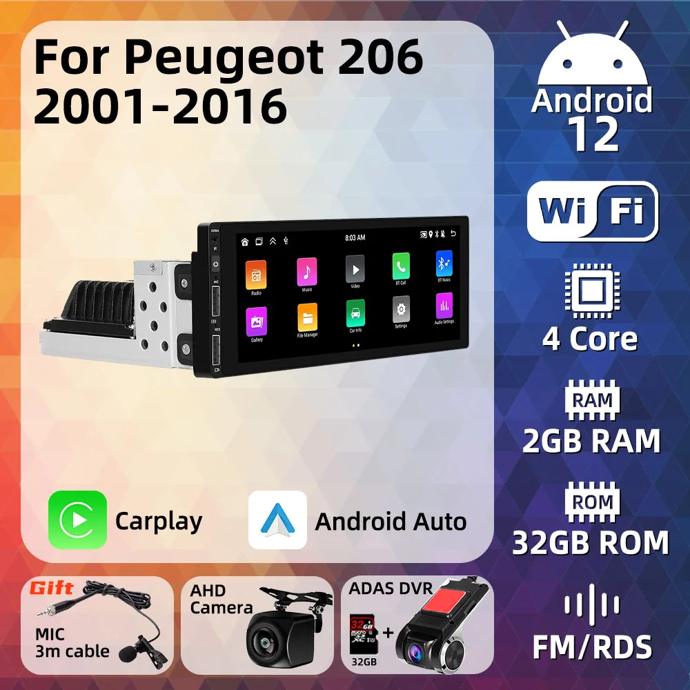 

Автомобильный мультимедийный плеер на Android для Peugeot 206 2001 - 2016 1 Din, радио, стерео, головное устройство, экран Carplay, Авторадио, GPS-навигация, авто