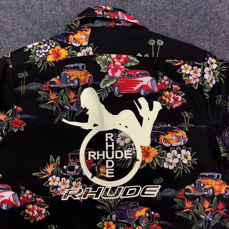 

Loose RHUDE Hawaiian Print Men Women 1:1 Quality High Street Short Sleeve Rhude Couple Shirt