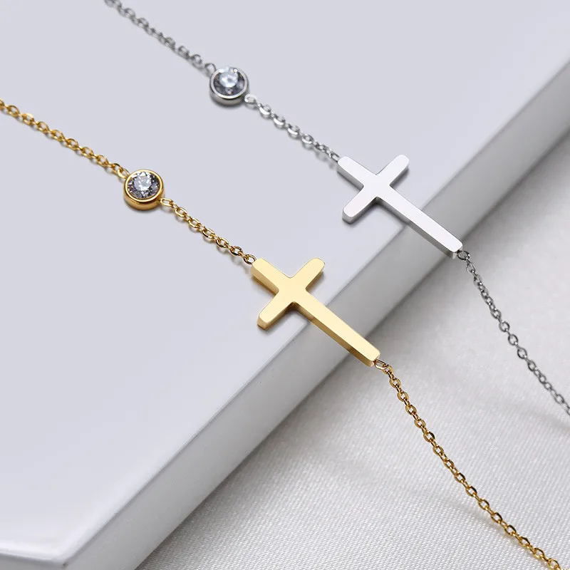 

Fashion Versatile Female Hand Jewelry Wholesale Simple Single Chain Bracelet for Women Fancy Cross with Shiny CZ Prong Setting