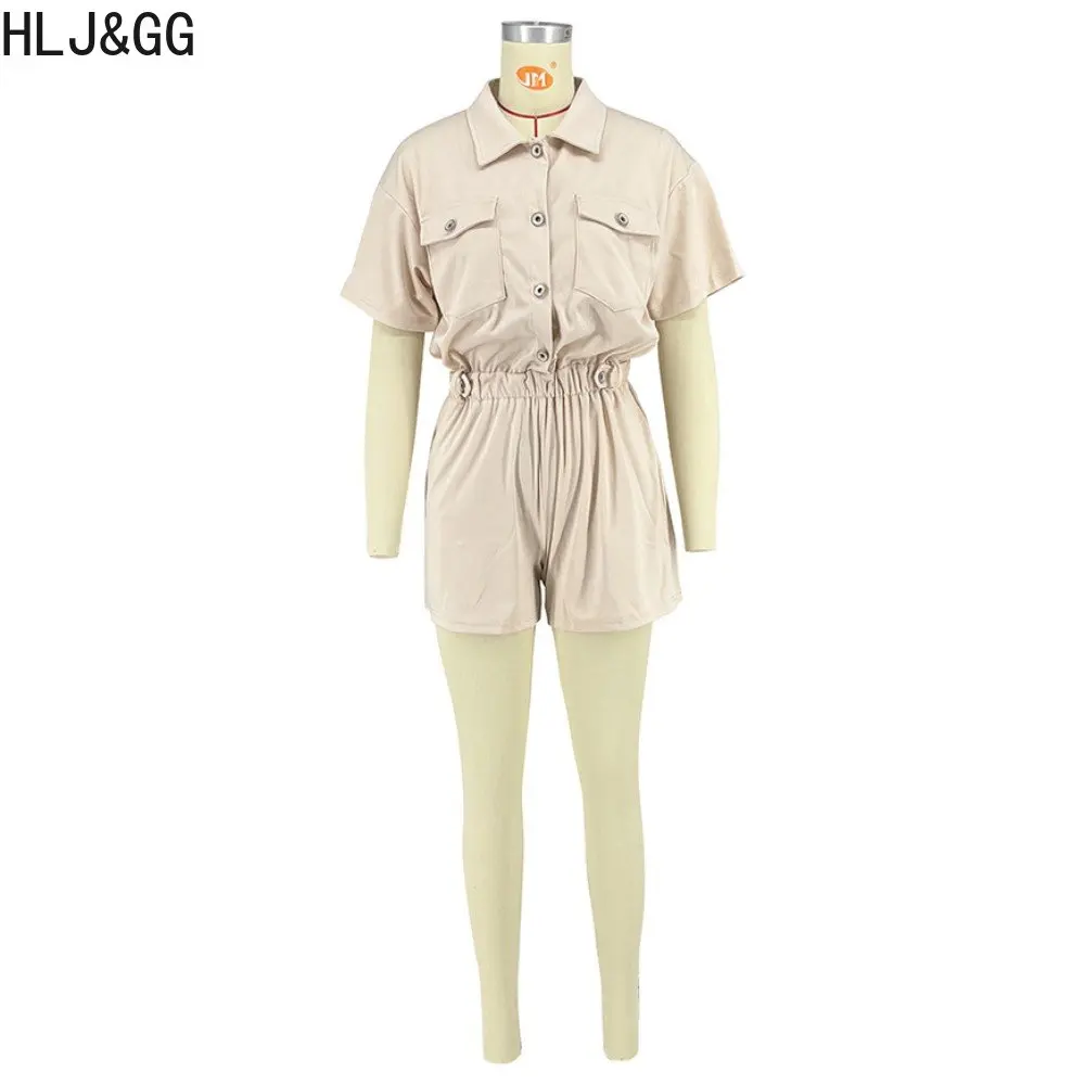 HLJ&GG Casual Solid Color Button Turndown Collar Rompers Women Short Sleeve Sporty One Piece Jumpsuits Summer New Overalls 2023