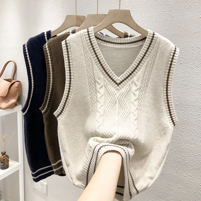 

Twist Pullover Sweater Vest Autumn V Neck 2023 Casual Basic Loose Sleeveless Knitted Vest Preppy Style All-match Vest Coat T356