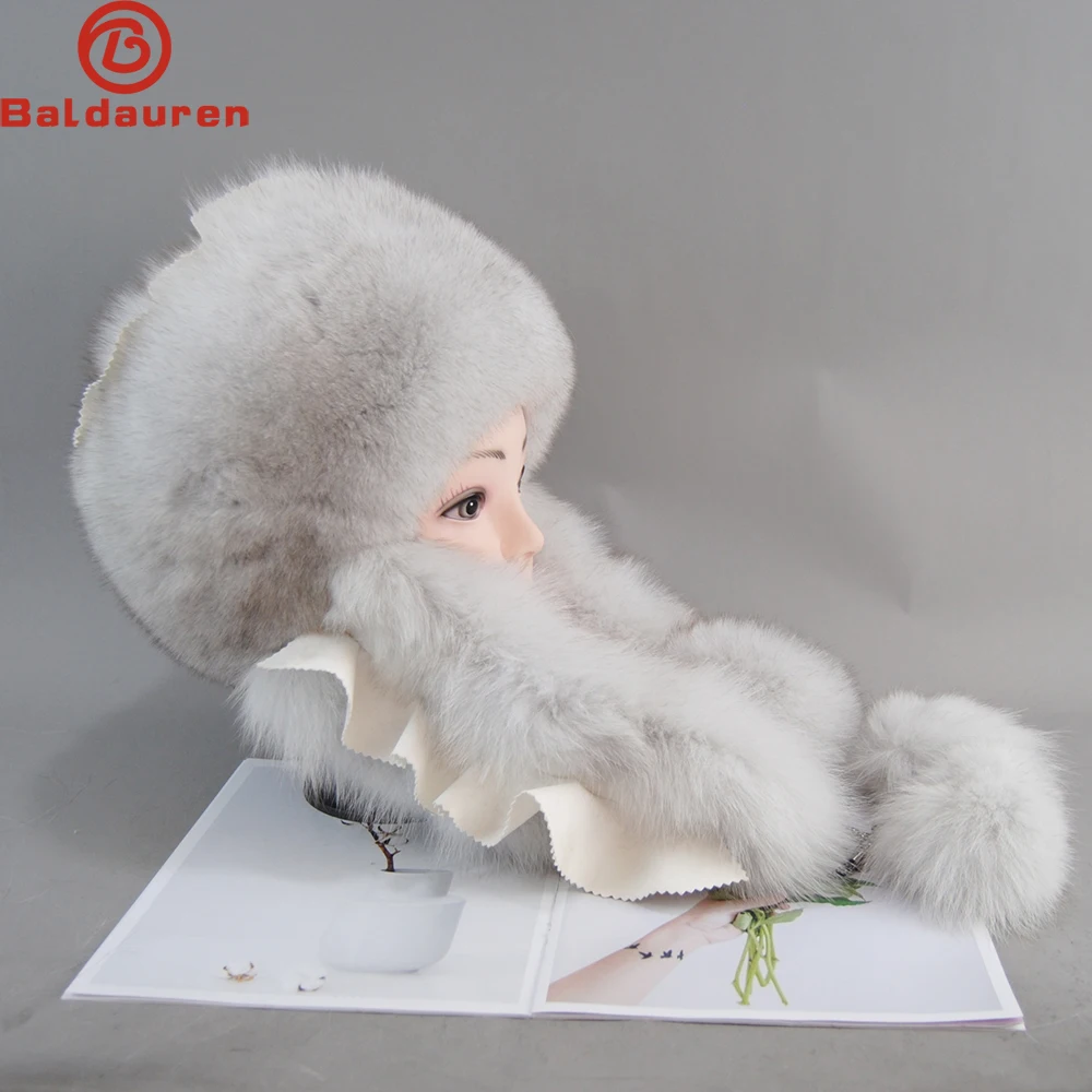 Natural Fox Fur Russian Aviation Hat with Ears Ushanka Women Winter Warm Fluffy Stylish Female Tail Cap Fashion Real Fur Hats