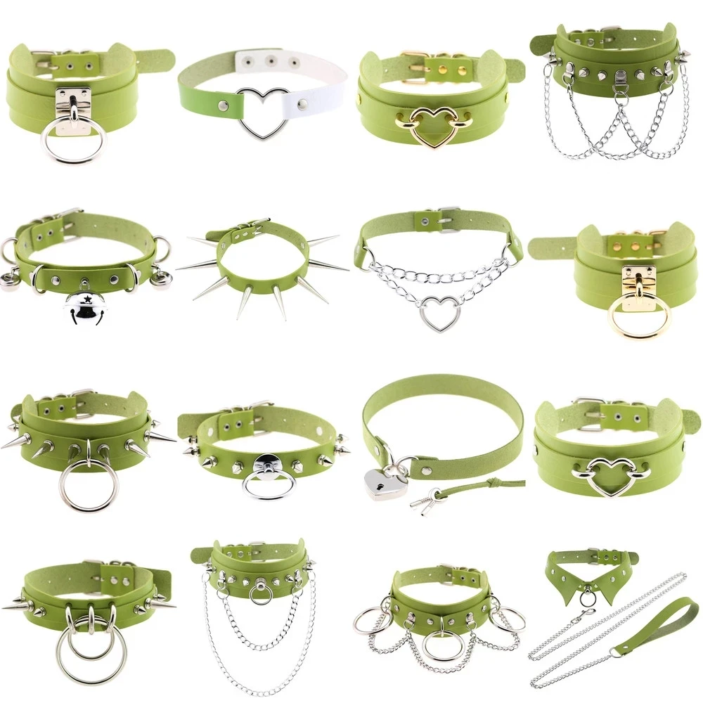 

Goth Sexy Collar Rivet Necklaces for Women Trendy Green Punk Gothic Slave PU Leather Stainless Steel Chains Bondage Y2K Jewelry