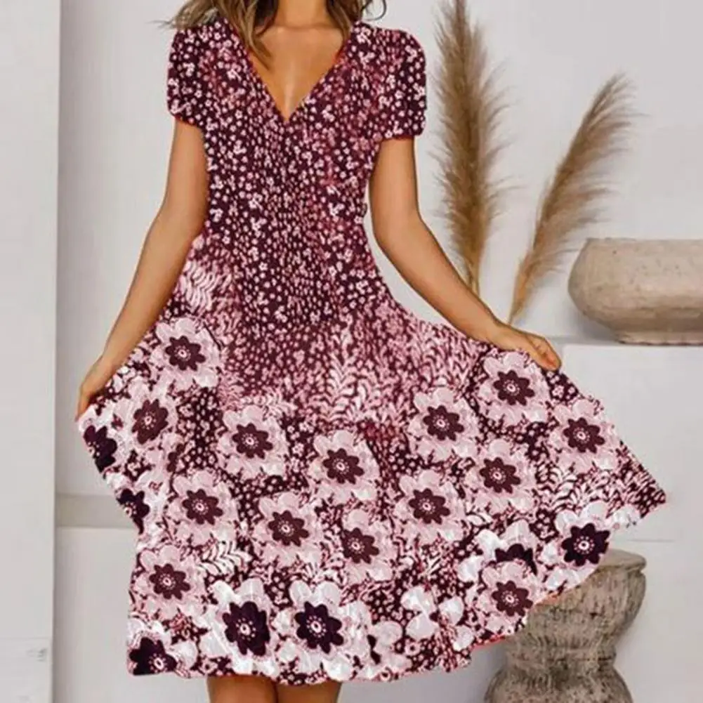 

Women Dress Flower Print Loose Hem V Neck Casual Breathable Party Summer Chiffon dresses for women 2022 Female vestido