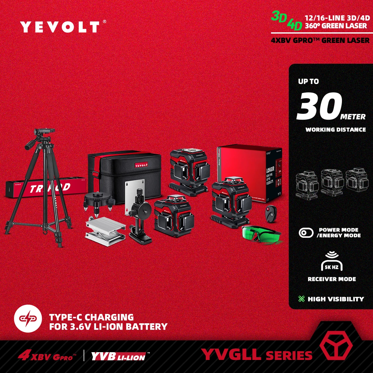 Зеленый лазерный уровень YEVOLT TP-YVGLL4XS-Series 3/4 самолета 12/16 линий самовыравнивающийся
