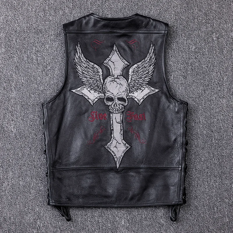 

Men's Cowskin Leather Motorcycle Vest Embroidery Skull Cosplay Costume Men Spring Sleeveless Jackets Black Biker Gilet