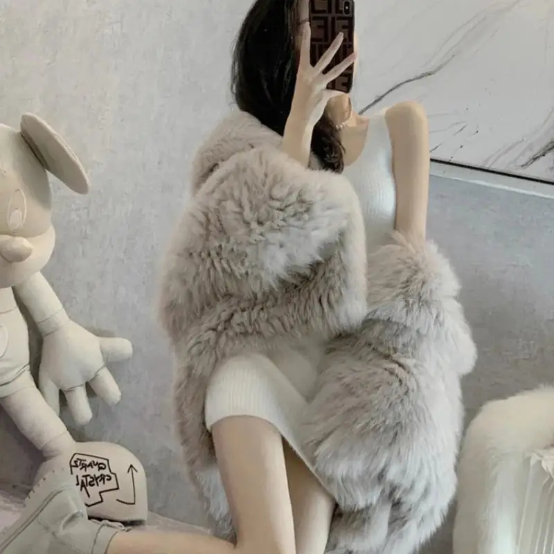 Fur coat female winter 2YK Korean fashion hooded environmental protection imitation fox fur loose Harajuku Slim fur coat