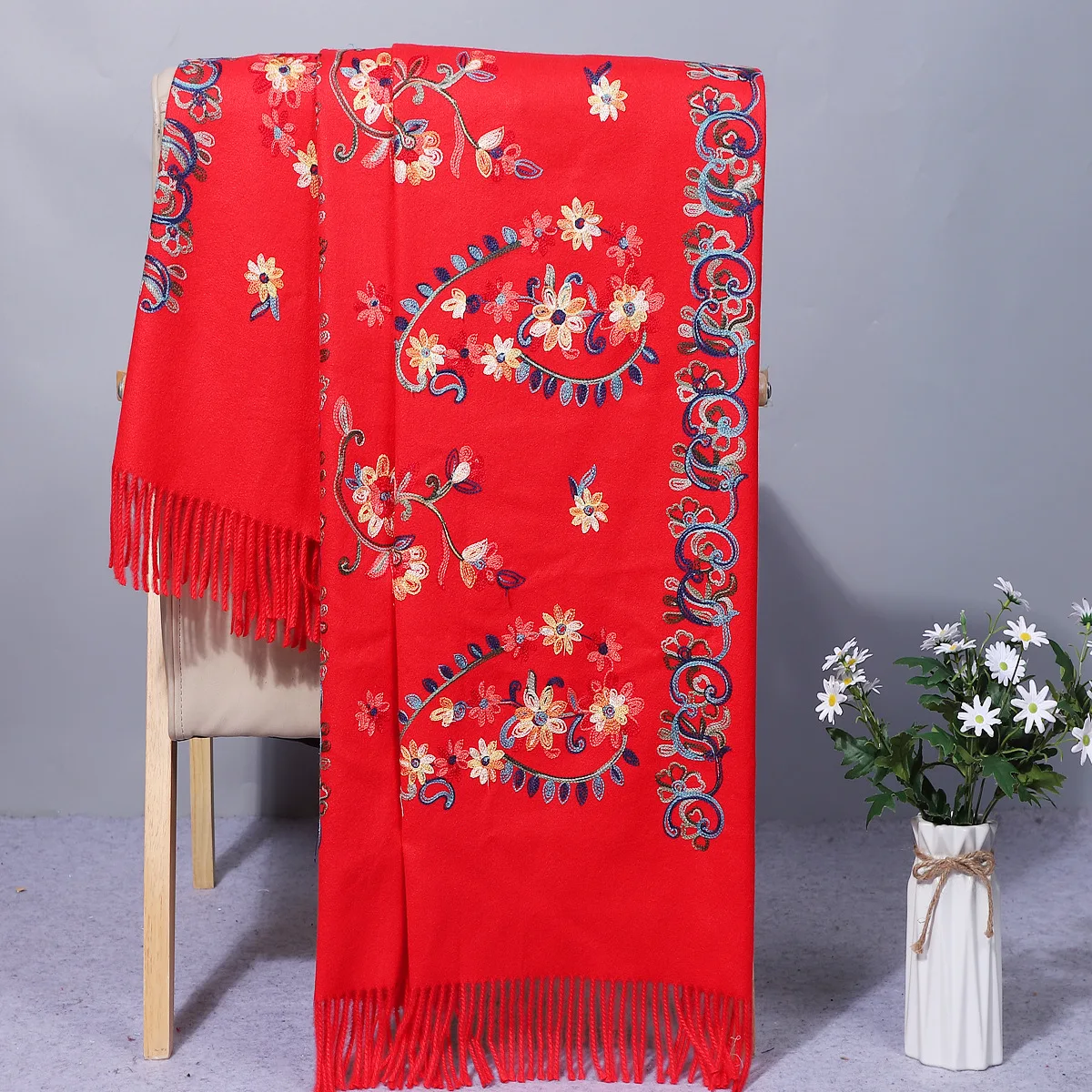 

Yunnan Chinese Style Embroidery Scarf Women's Autumn And Winter Style Ethnic Cashmere Embroidery Thickened Warm Shawl Dual-use