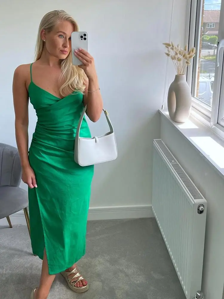 

Elegant Green Spaghetti Straps Midi Dress For Women Sexy Folds Slim Party Dresses 2022 Summer Sleeveless Long Robe Club Outfits