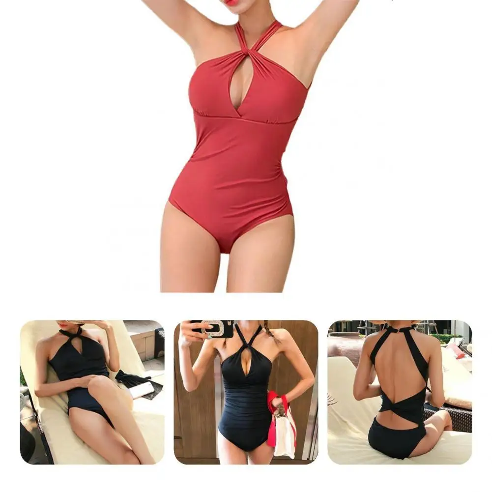 

Wear Resistant Attractive Pure Color Romper Bathing Suit Lightweight Bodysuit Swimwear Backless for Travel