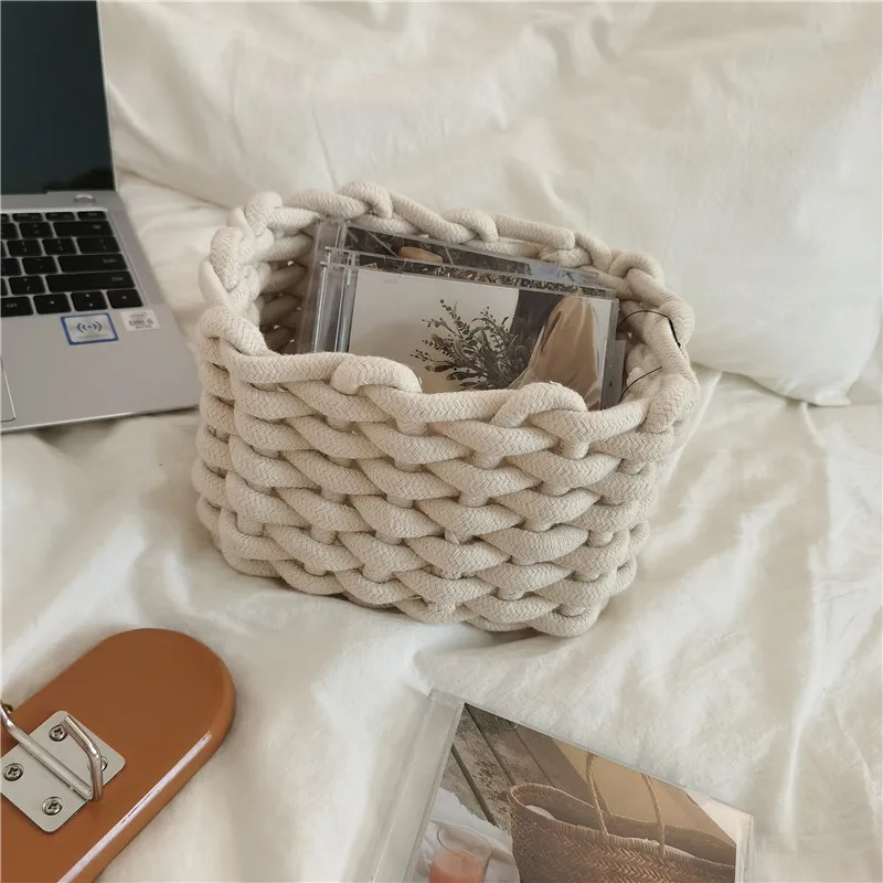 

Nordic Cotton Rope Woven Small Storage Basket White Kitchen Folding Picnic Baskets Home Decorative Toy Organizer Basket