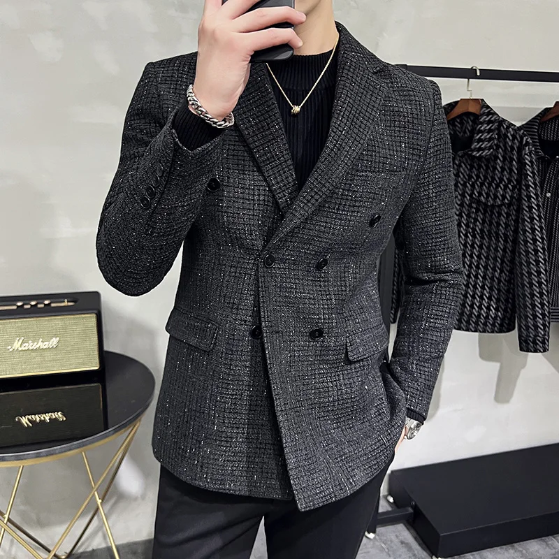 YASUGUOJI Winter Warm Woolen Coat Men Korean Fashion Bright Black Double Breasted Suit Jackets Mens Slim Fit Mens Blazer Jacket