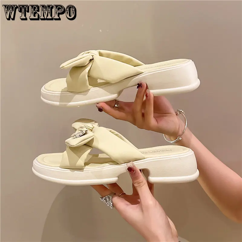 WTEMPO Summer Sandals Ladies Temperament Bow Knot Thick Bottom Slippers Casual Beach Home Wear One Word Drag Dropshipping