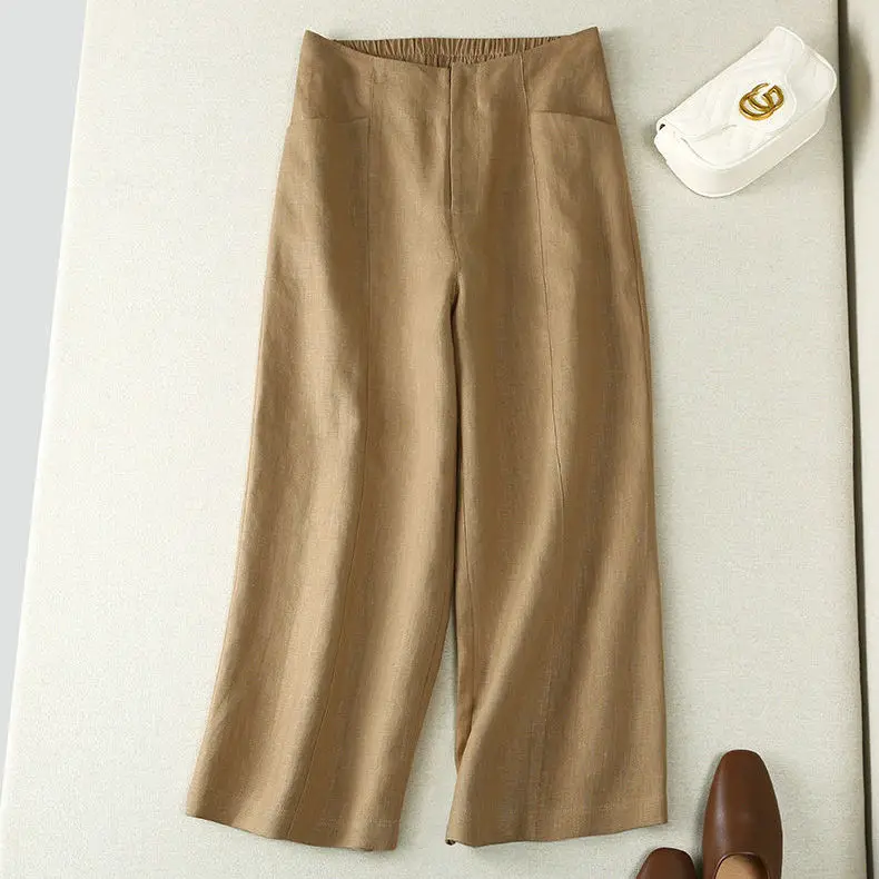 High Waist Linen Women's Pants Wide Leg Capri Pants Vertical Casual Pants