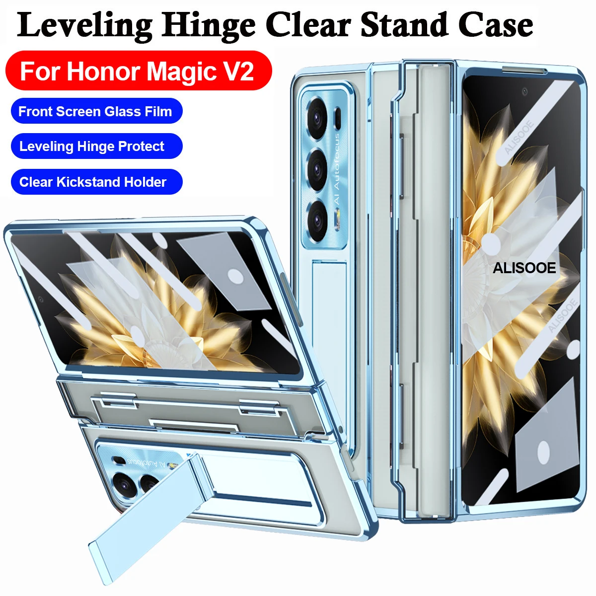 

For Honor Magic V2 Case Transparent Leveling Hinge Funda for Honor Magic V2 5G Case HD Clear Stand Cover with Front Screen Glass