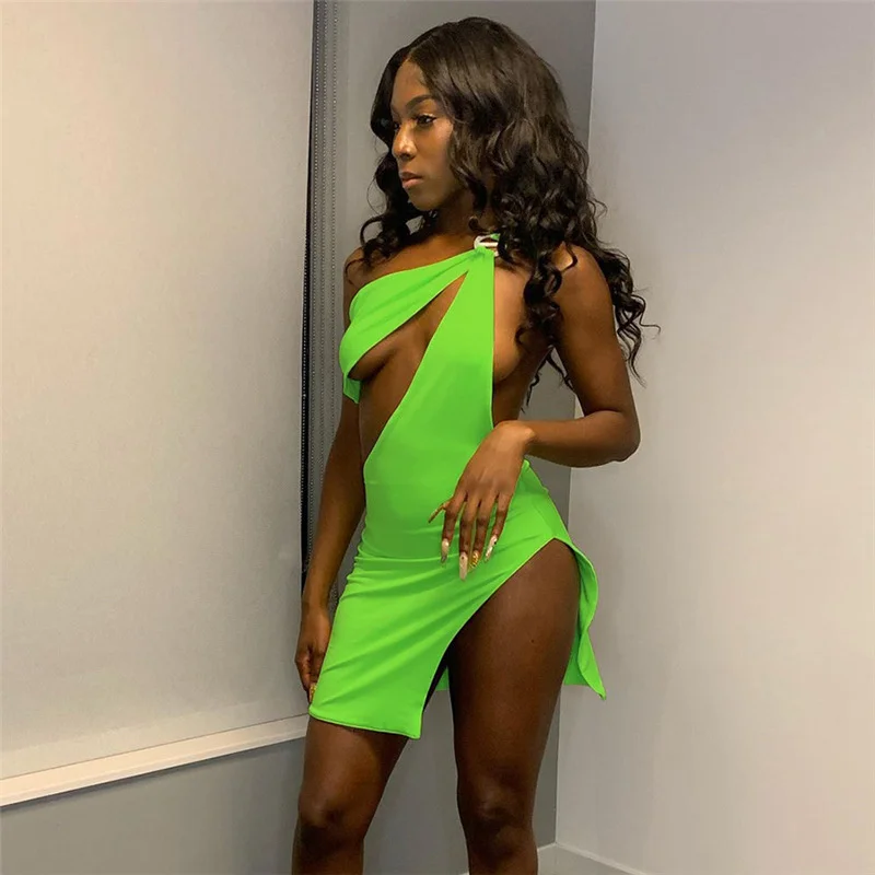 

Crystal Y2k Personality Oblique Shoulder Hollow Out Sexy Elegant Wind 2022 Summer Women's Dress Street Shooting Fashion Vestidos