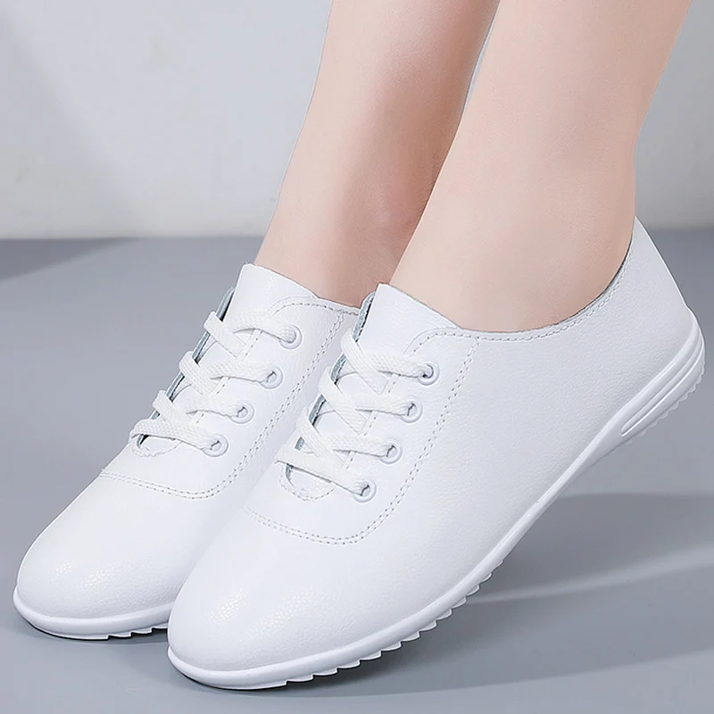 

Hot Sale White Women's Flat Shoes Comfortable PU Wearable Comfortable Women's Casual Shoes Non-slip Work Women's Leather Shoes