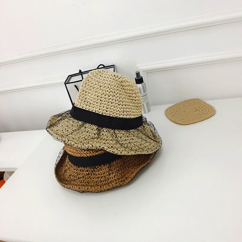 

202203-2509270-guohao Dropshipping new summer paper grass bowknot mesh leisure lady sun cap women leisure hat