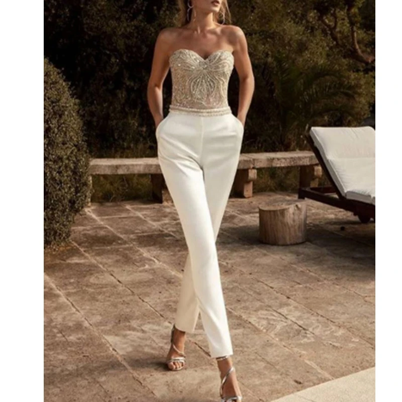 

WEPBEL Women's Full Length Sequined Trousers Jumpsuit New Jumpsuits Strapless Sexy Sleeveless Embroidered