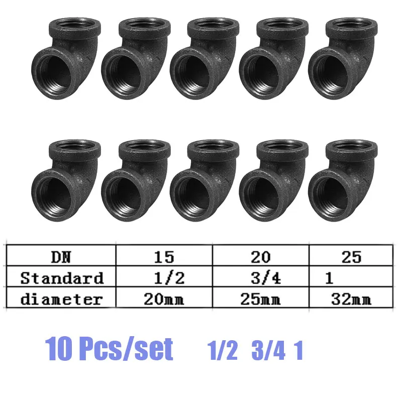 

10 Pcs 1/2 " 3/4 " 1 " Malleable Cast Iron Threaded Iron Pipe Fitting Elbow 90 Degree Angled For BSP threaded pipe Accessories