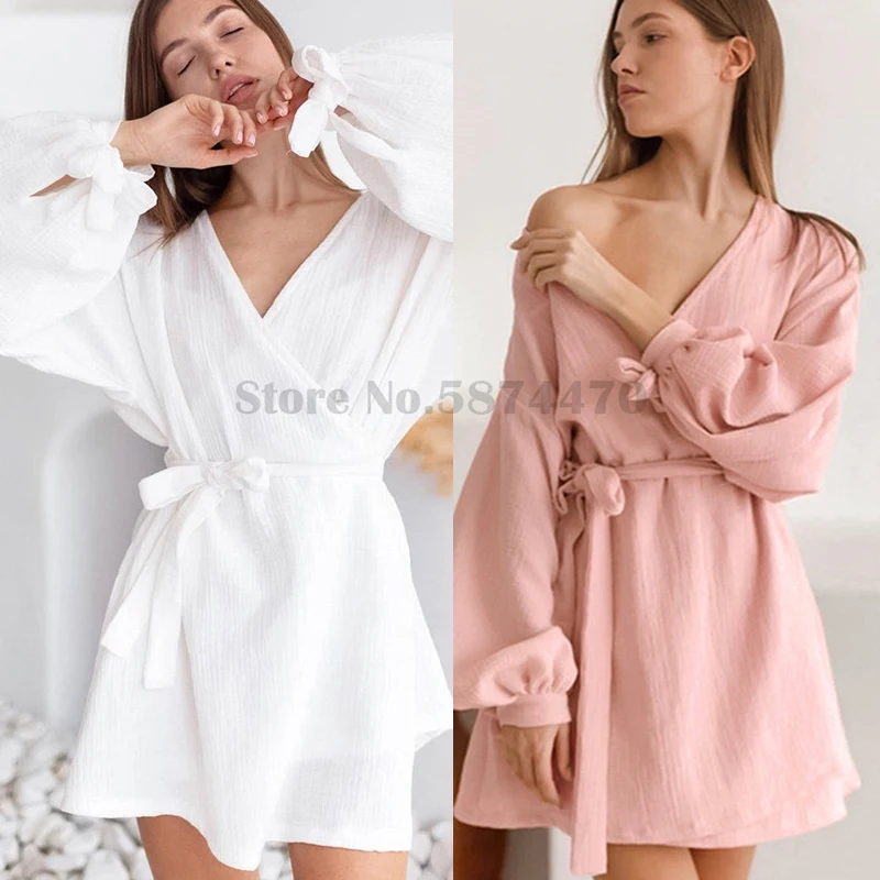 

Sexy Ladies Lantern Sleeve Robe Solid Color Cotton Kimono Sleepwear Loose Home Clothes Bathrobe Women's Morning Gown Loungewear