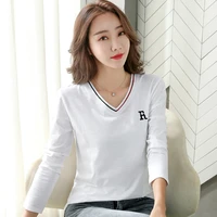 212 autumn new korean fasion v neck embroidered slub cotton women long sleeve shirt loose large size bottoming y2k harajuku top