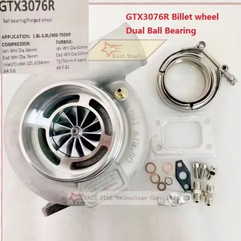 Фото Турбокомпрессор GTX3076R GT3076R с двойным шарикоподшипником, кованая турбина AR 0.82 T3 V-band C 0.60, универсальный турбонагнетатель для двигателей 1.8-3.0 л, 400-750 л.с. №1