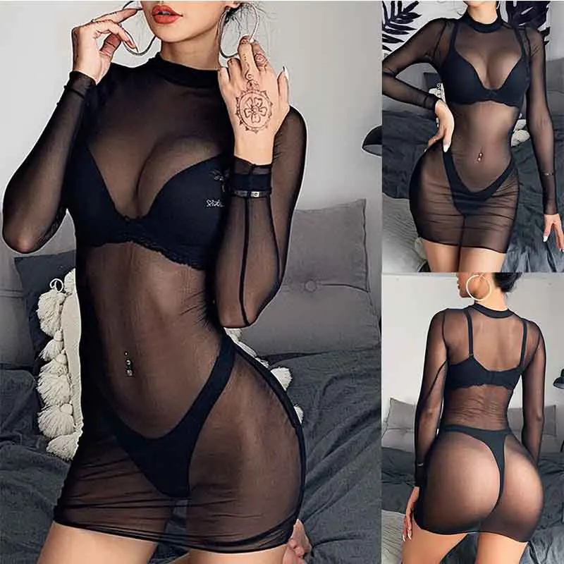 

2022 Summer New Ladies Swimwear Black Sexy Perspective Mesh Beach Top Bikini Beach Long Sleeve Shade Skirt