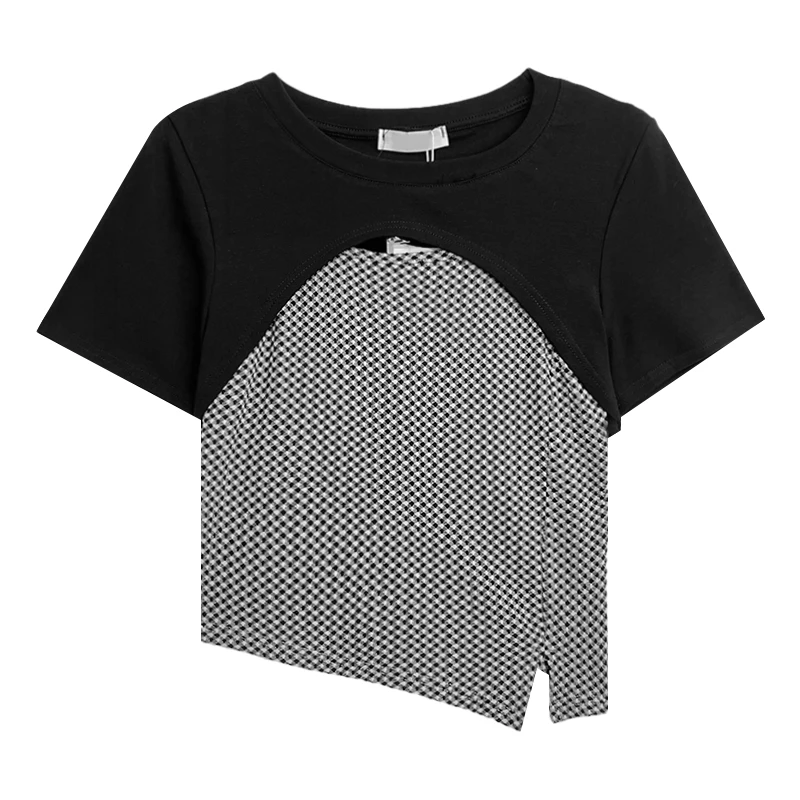

Two-piece set of contrasting color plaid stitching design hollowed out slim fit irregular slit T-shirt