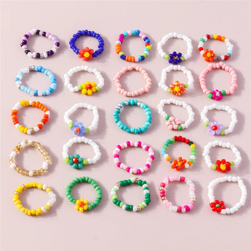 

Korean Colorful Small Flower Ring Sets Bohemia Handmade Multi Beaded Rice Beads Finger Ring For Women Beach Jewelry Gifts