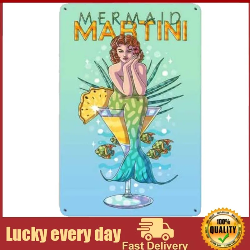

Mermaid Tin Sign Wall Decor - Mermaid Martini - Retro Metal Sign for Home Kitchen Bathroom Farm Garden Garage Wall Decor Art