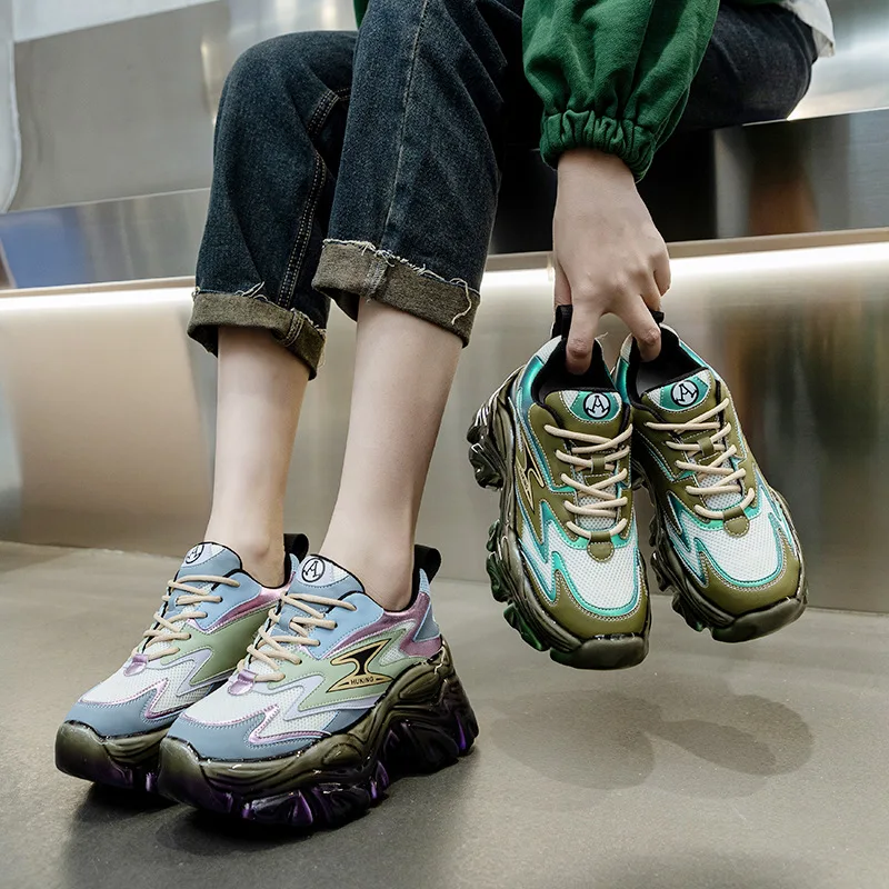 Autuspin 8cm Platform Wedge Shoes Ladies Spring Fashion Luxury Genuine Leather Casual Sneakers Retro Women's Vulcanized Sneaker