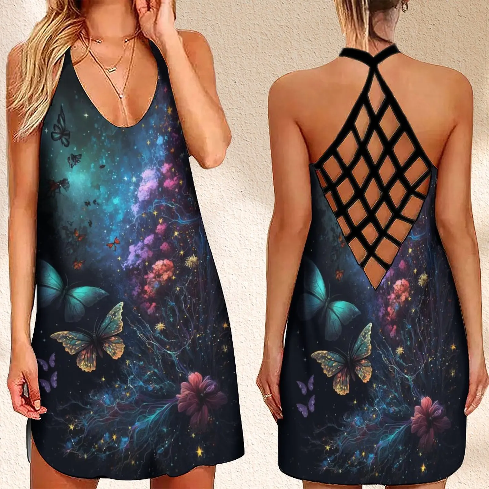 

Женское платье с открытой спиной, платье без рукавов с цветочным принтом и бабочкой, платье для выпускного вечера, лето 2023