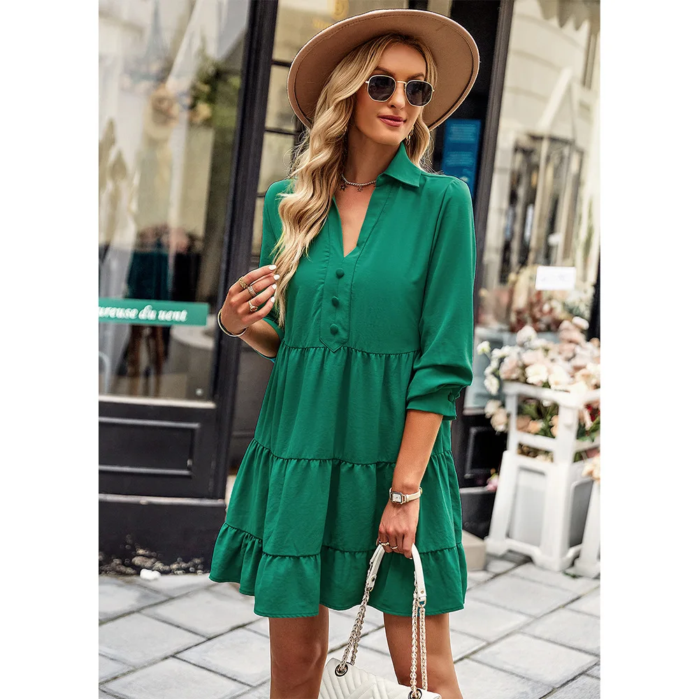 

Casual Long-Sleeved Loose Dress 2022 Autumn V-Neck Solid Vacation A-Line Dress Ladies Button Ruffle Stitching Pullover Dresses