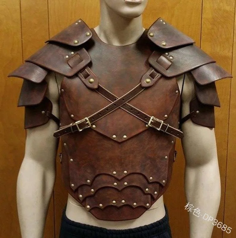 Erkekler ortaçağ Vintage kostüm zırh Cosplay aksesuar gotik savaşçı şövalye omuz PU deri vücut göğüs askısı kemer Tabard