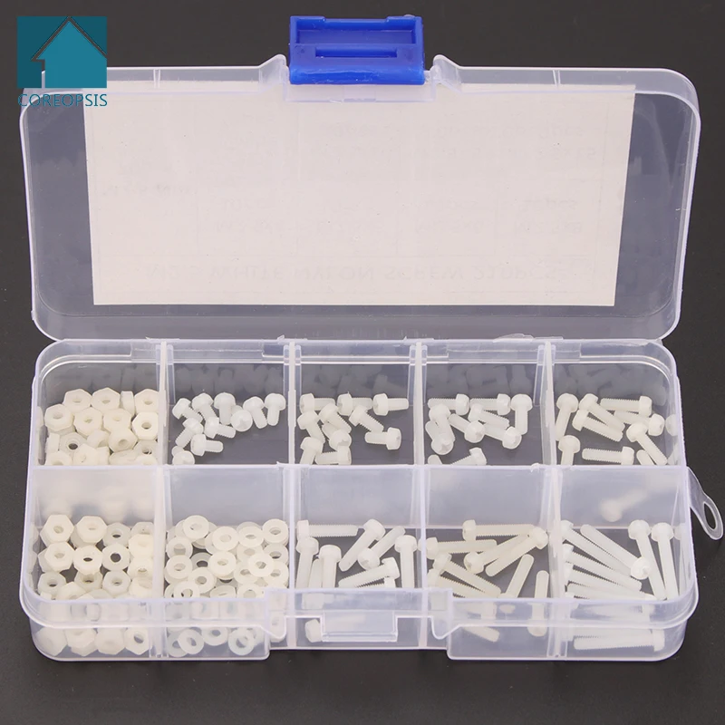 

M2.5 Nylon Round Head Phillips Screw Bolts Hex Nuts Set White Black Plastic Screws Washers Assortment Kit 210PCS/box M25NLB050