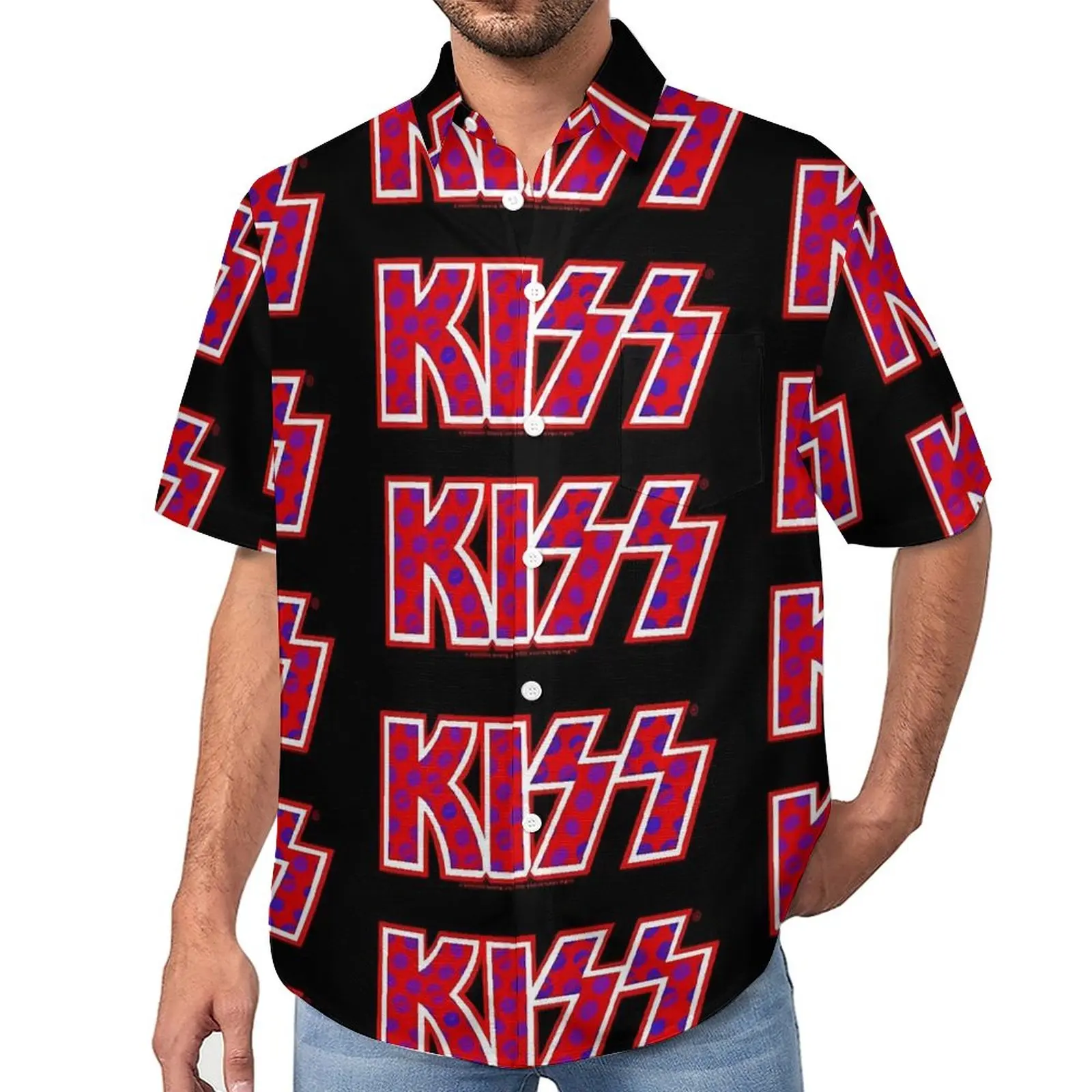 

Рубашка для отпуска Kiss Band с логотипом синих губ Гавайские повседневные рубашки мужские забавные блузки с коротким рукавом графическая одежда