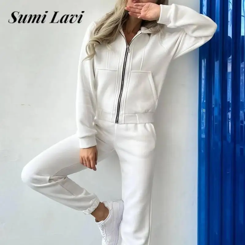 

Casual Women Tracksuit Fashion Solid Color Hooded Jacket and Trousers Two-piece Set Autumn Winter Ladies Fluff Warm Loose Outfit