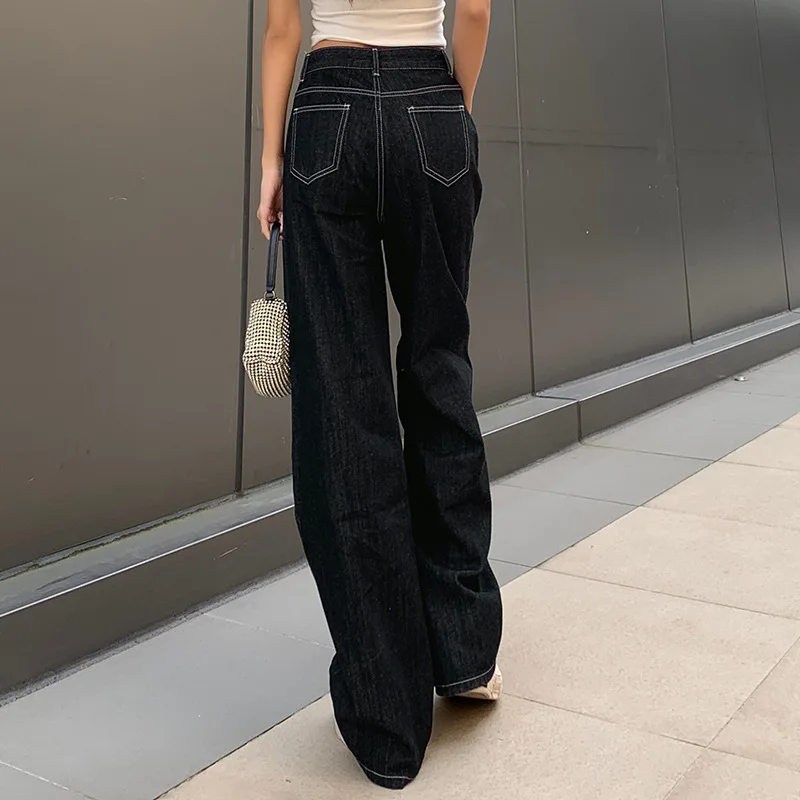 Women Fashion Big Pocket Baggy Trousers Pantalones Cargo Jeans Female Fall Vintage High Waist Black Jeans Y2k Straight Leg Pants