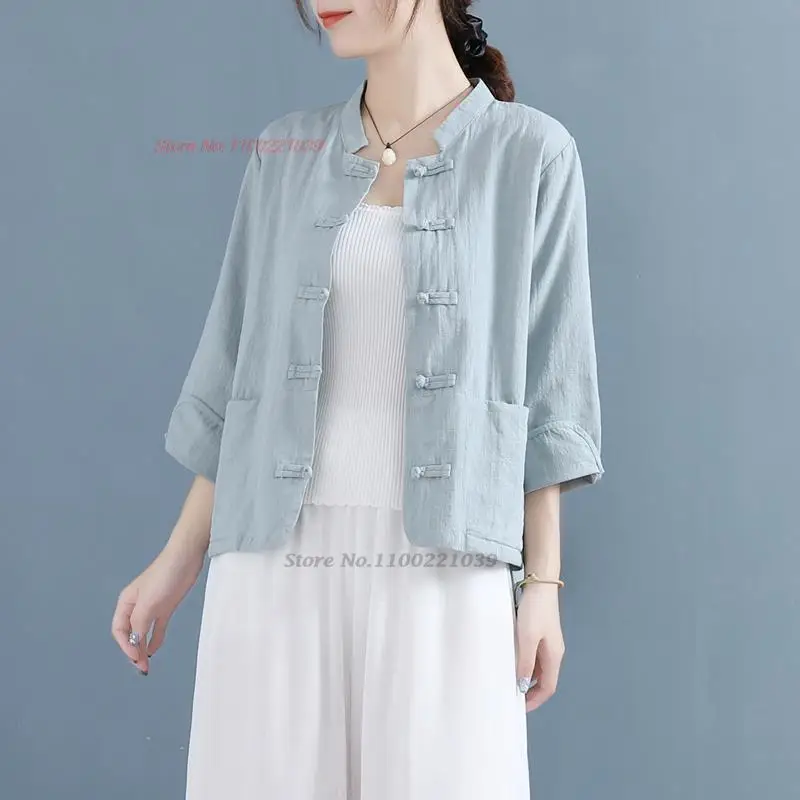 

2023 traditional chinese vintage hanfu blouse national cotton linen tea service hanfu short cardigan ethnic retro zen shirt