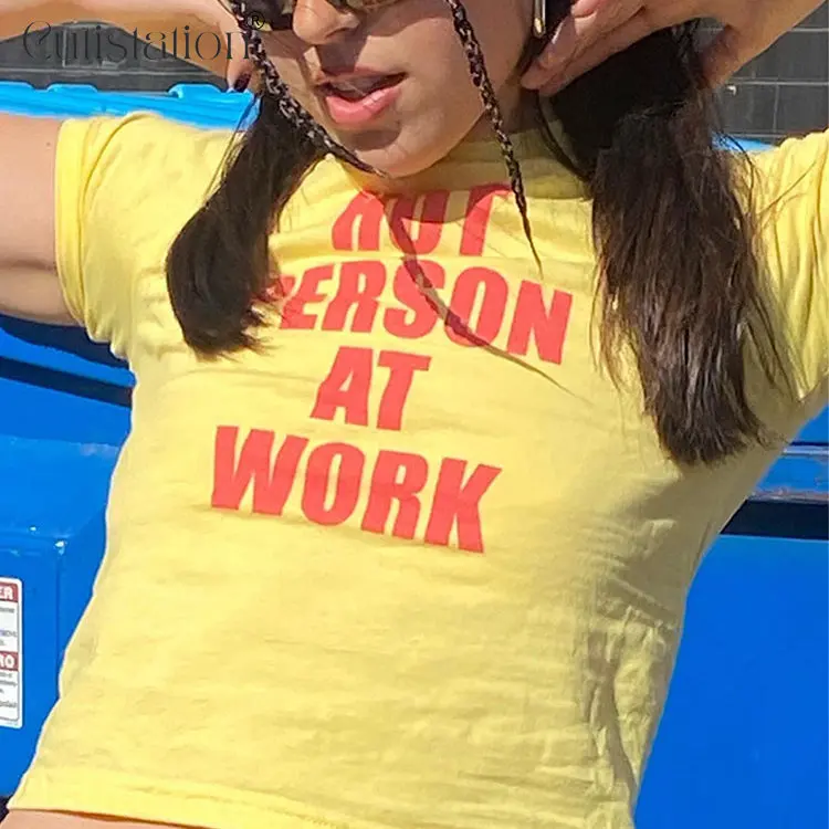 

Cutistation Sexy 2000s Aesthetic Baby Tees Y2K Clothes Letter Print O-neck Crop Top Women's Yellow T-shirts Hot Person At Work