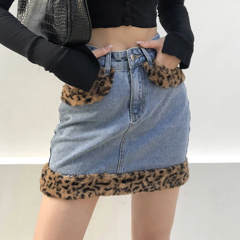 

Leopard Print Denim Skirts Women Y2k Vintage Slim Body Street Indie Short Denim Dress 2021 New Fashion Spring Summer Mini Skirts