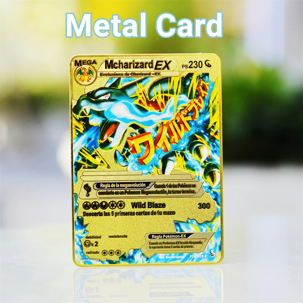 

Pokémon Cards Metal Pokemon Letters Vmax Charizard Pikachu Mewtwo Gx Anime Real Iron Card Golden Pokimon letter Metal Kids Toys