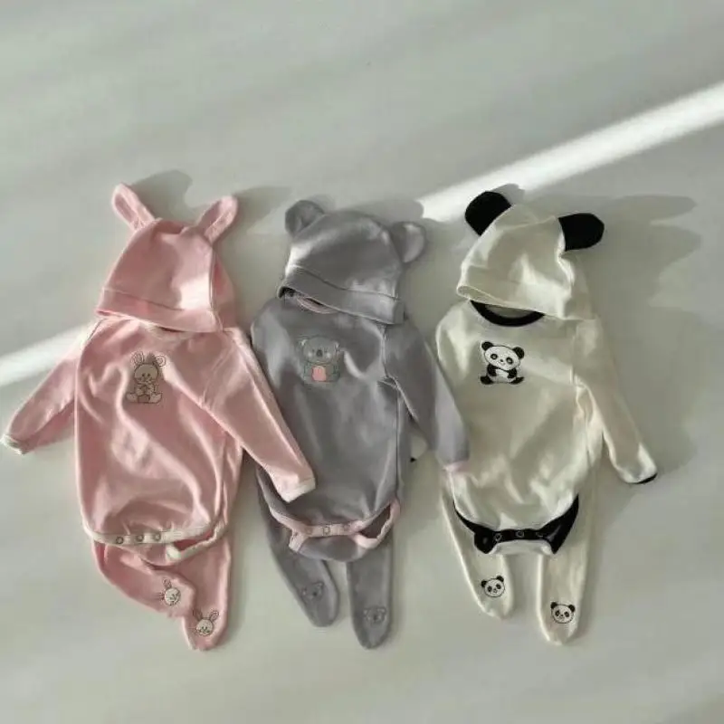 

Cute Toddler Girl Cartoon Rabbit Long Sleeves Jumpsuit Thin Cotton Bodysuit + Boy Simple Leggings + Sweet Ear Cap 3pc Set