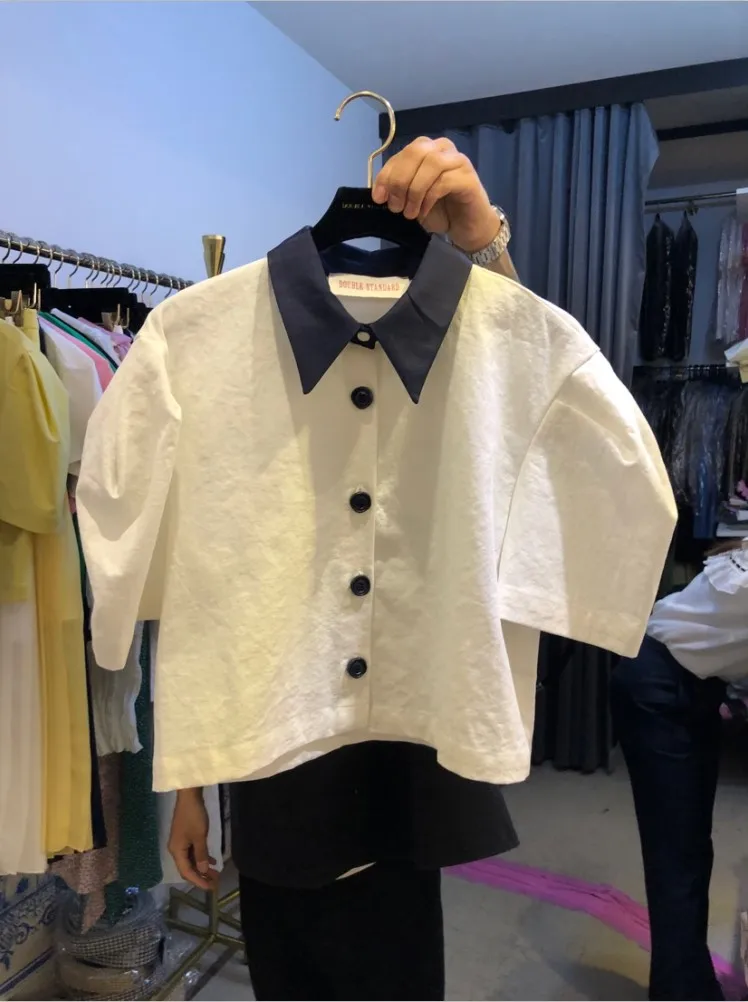 

Корейский Dongdaemun, Новинка лета 2023, топ в западном стиле с пышными рукавами, дизайнерская нишевая рубашка контрастных цветов с лацканами для женщин